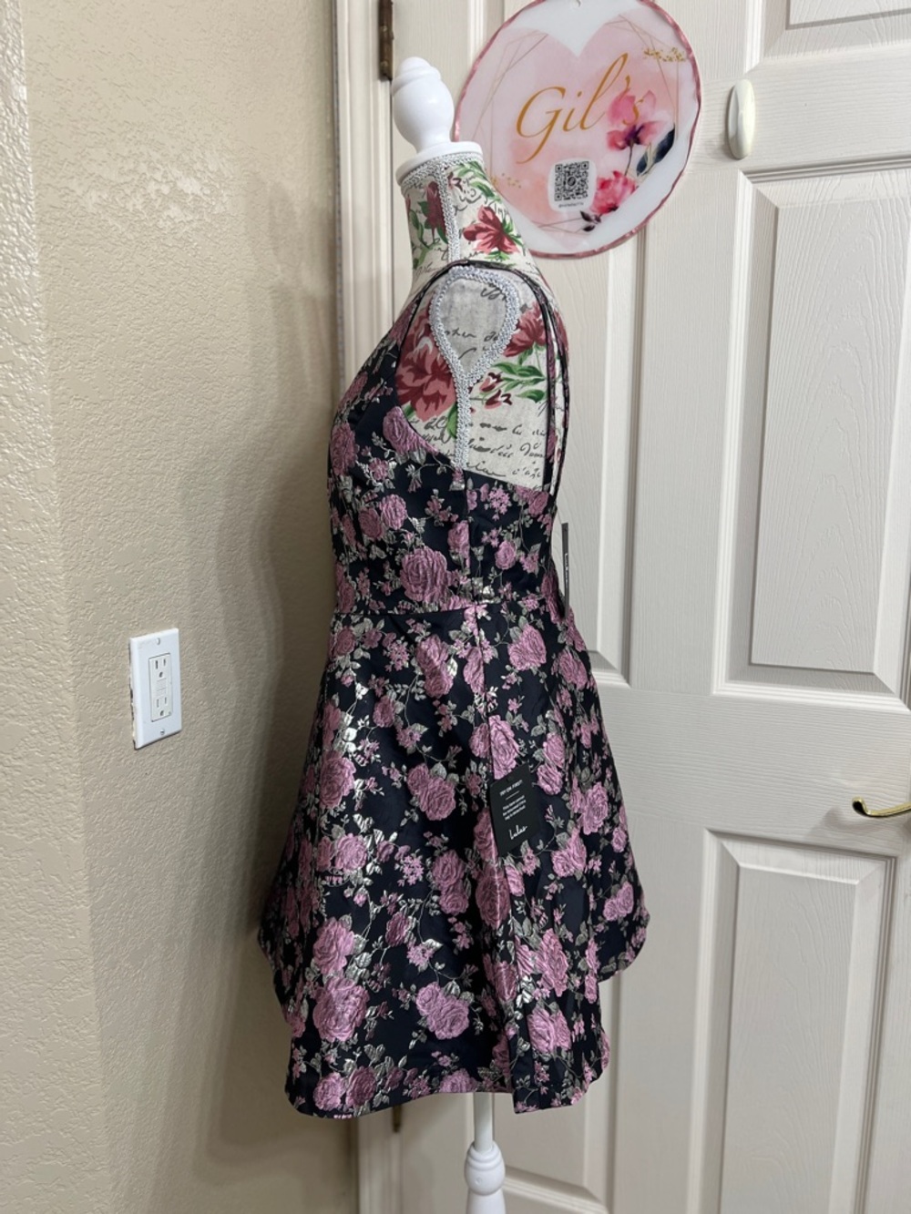 Lulu's Black Mini Dress with Pink Floral Jacquard - Picture 5 of 10